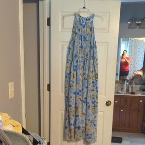 BloomChic Pleated Blue and Yellow Halter Maxi Dress